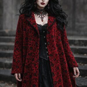 Vintage Red & Black Floral Brocade Coat XL Vampy Gothic